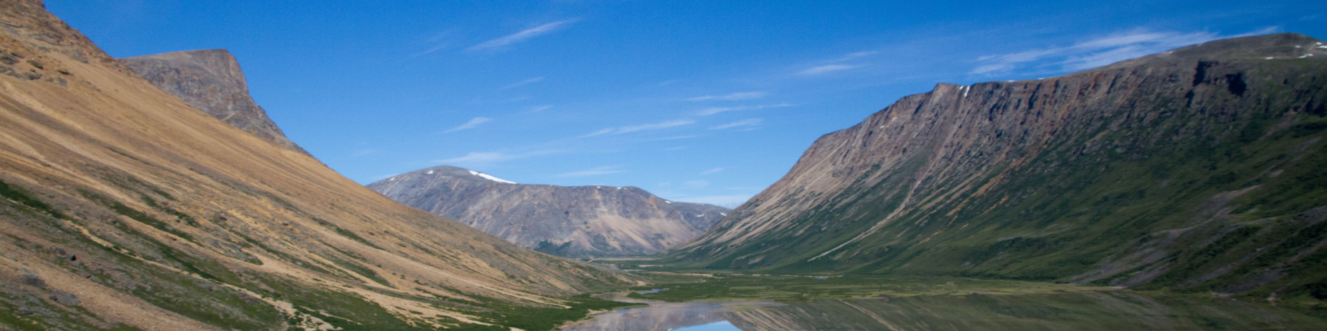 A deep blue fjord nestled in between towering, green and brown mountains in the distance.