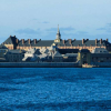 A fortress with water in front