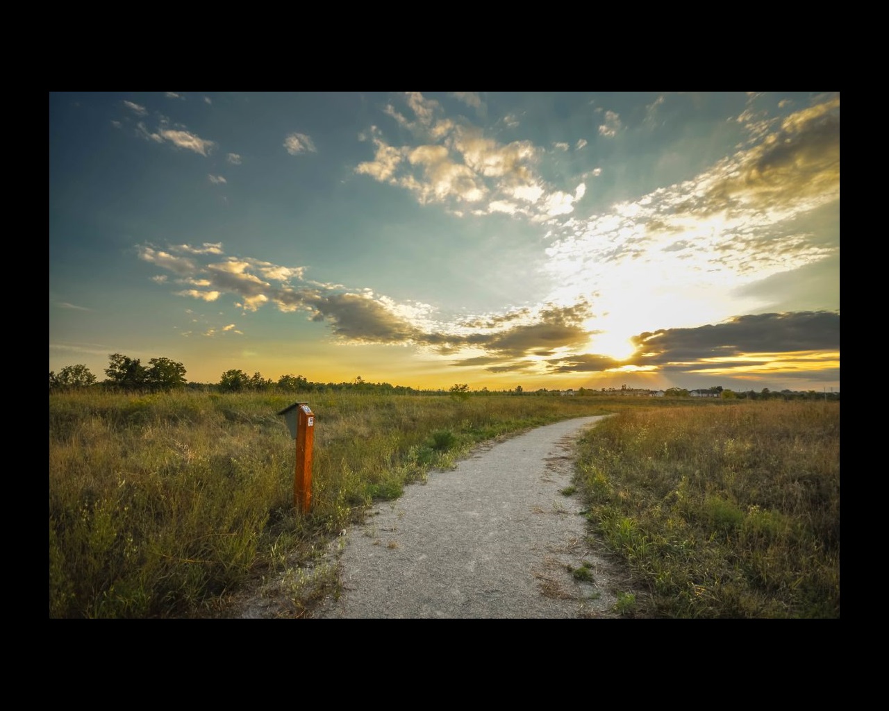 A gravel path surrounded by grassy fields travels into the distance at sunset.