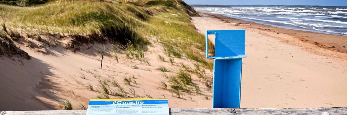 A blue Coastie installation sign on a railing which overlooks a beach with a green, grassy dune to the left, and soft, beige sand to the right.