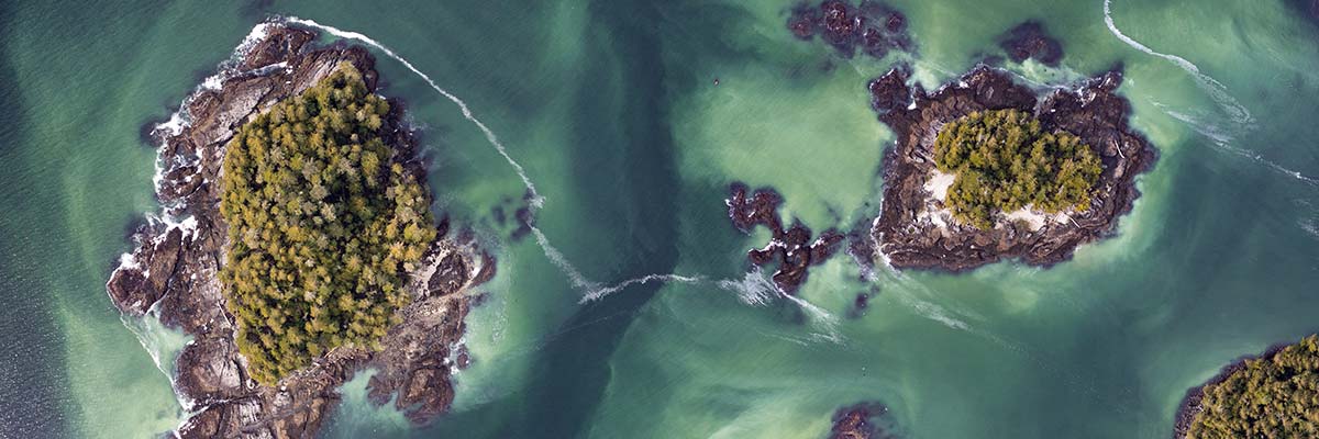 Aerial view of small islands surrounded by ocean. The water is a milky green colour, reflecting a recent herring spawn.