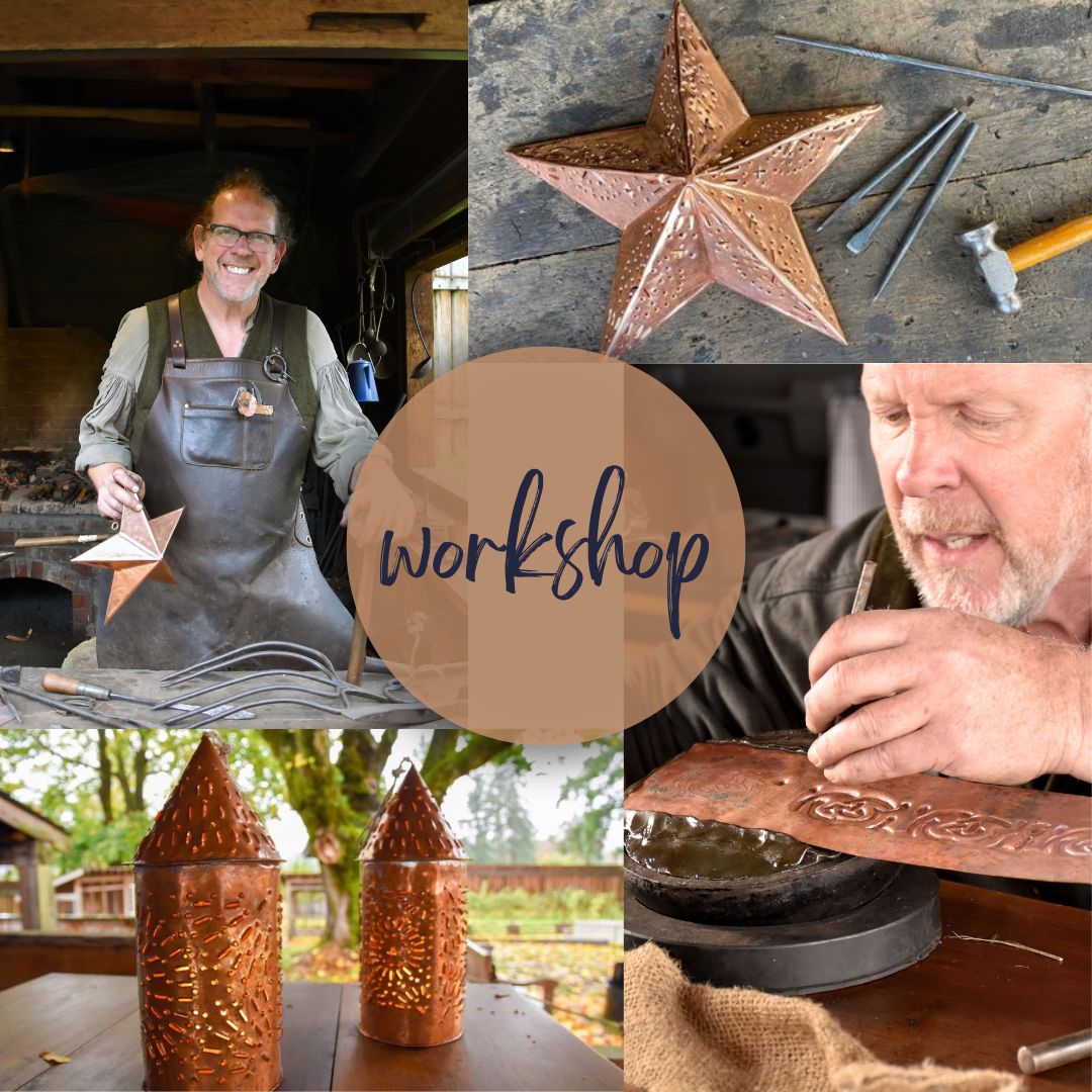 Decorative images of a blacksmith at work, copper stars, and copper lanterns.