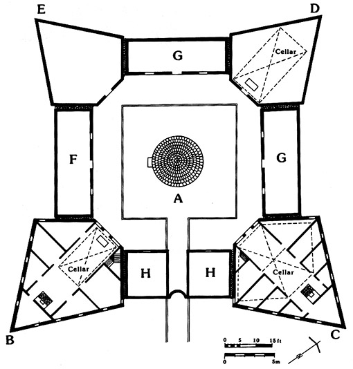 A map of the Octagon at York Factory. There are five-sided gem-shaped rooms in each of the four corners, connected by rectangular rooms at the top, left and right. At the bottom, there are square rooms with a thoroughfare in the middle. The top right, bottom right and bottom left rooms are each indicated to have a cellar as well.