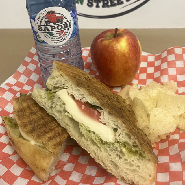 Focaccia, water, apple, chips.