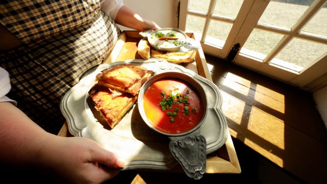 A person holding a tray of soup and sandwiches near a window.