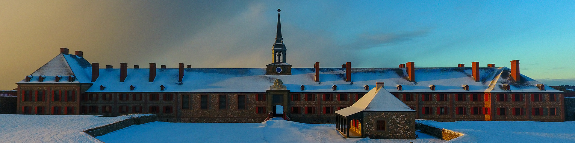 A view of the King's Bastion at sunrise with a light snow covering on the ground. 