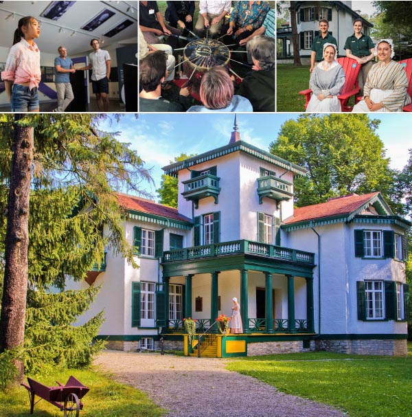 A family takes in the many stories of Confederation; Traditional drummers; Staff at Bellevue House take a moment to Share the Chair; Bellevue House (exterior)