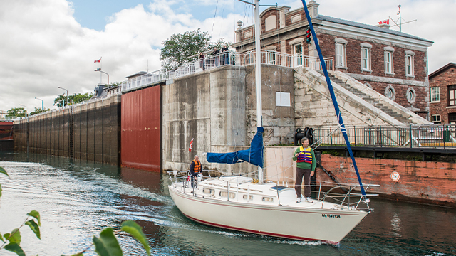 A boat leaving the canal.