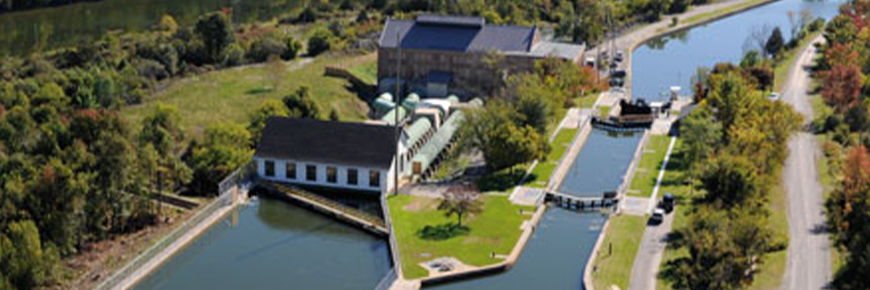 Aerial view of the Healey Falls hydro development plant.