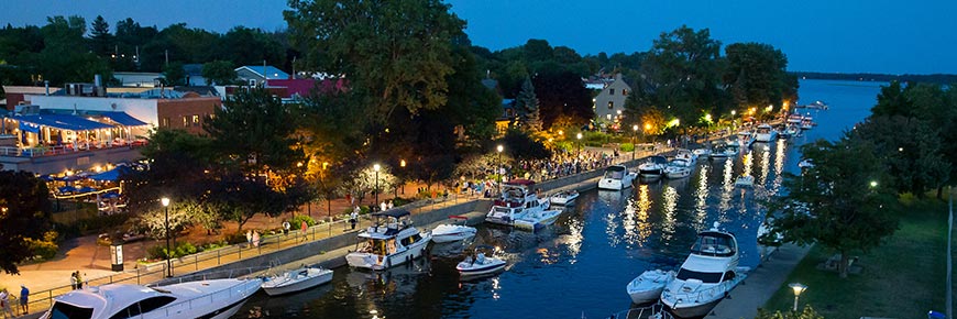 Boats moored overnight at the Sainte-Anne-de-Bellevue Canal during the summer season.