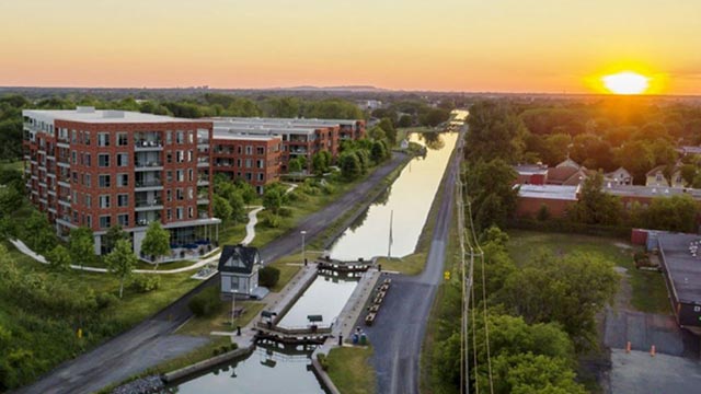 Aerial view of a canal and residential buildings