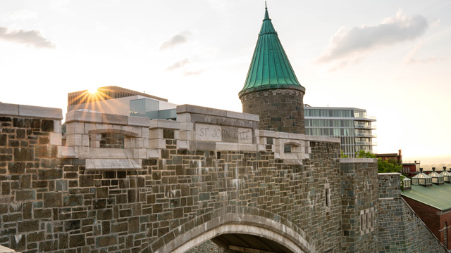 View of the upper part of the Saint-Jean gate at sunset.