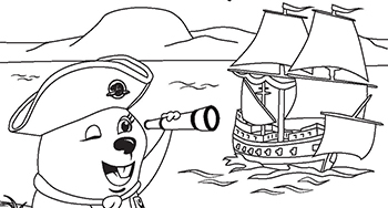 Drawing of mascot Parka looking at an old ship with her spyglass