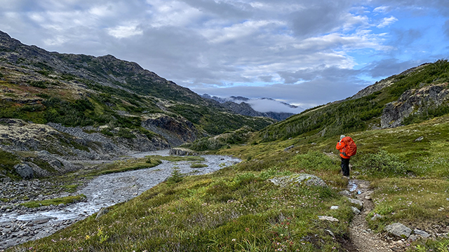 hiker on a trail beside a stream-randonneur sur un sentier au bord d'un ruisseau