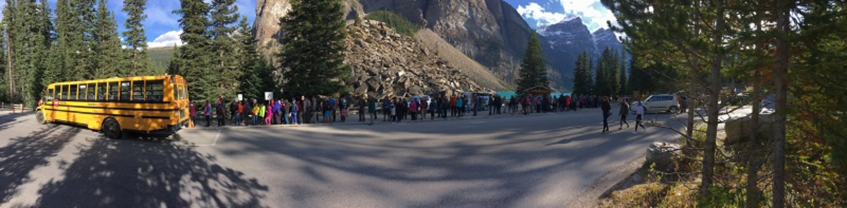 Visitors line up along a sidewalk with a yellow bus on the left and a lake in the background. 