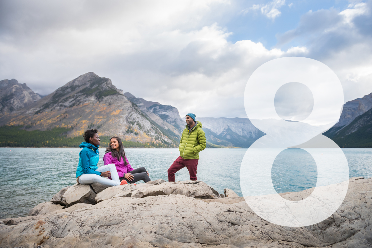 group of friends at lake minnewanka in the fall 