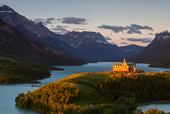 Early morning sunrise reflecting onto the Prince of Wales Hotel. 