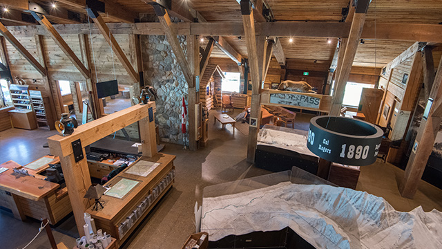 historic timber frame building . Inside rogers pass discovery centre