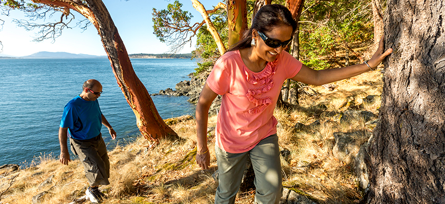  A couple strolls among the Arbutus trees on the shoreline of D'Arcy Island