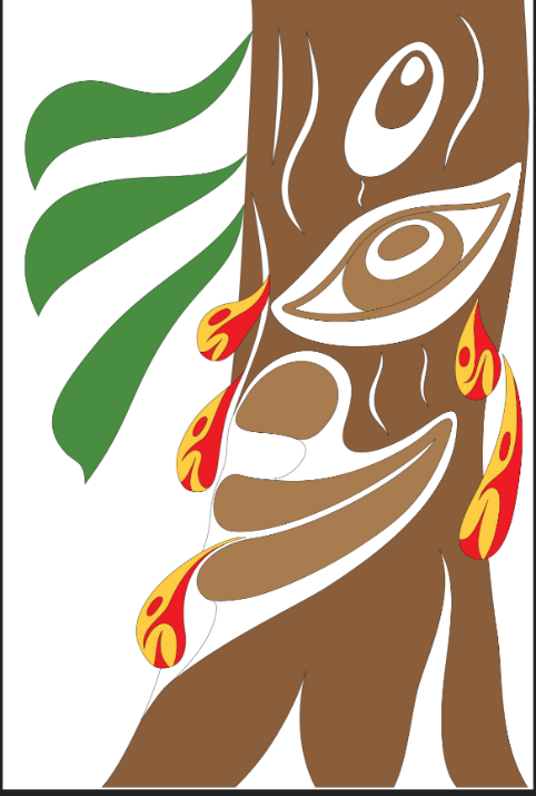 W̱SÁNEĆ illustration showing red and yellow SMONEĆ running out of brown Douglas Fir.