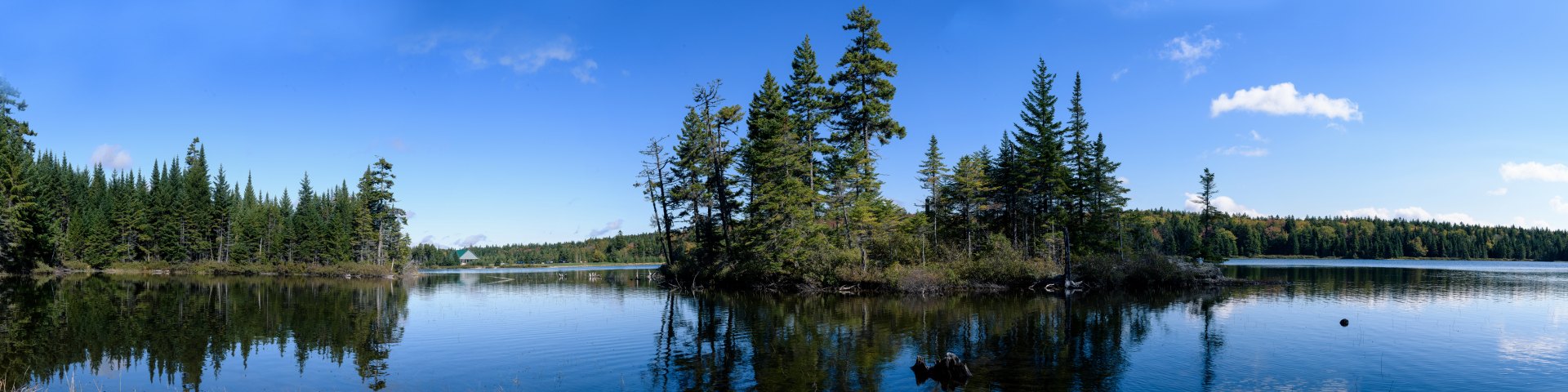 A view of the peacefully calm Wolfe Lake captured from a small trail that leaves from the Lakeview campground.