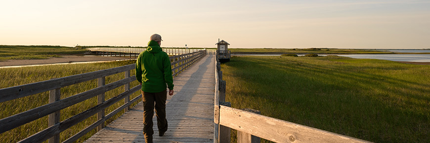 Une personne marchant sur la passerelle de la plage Kellys