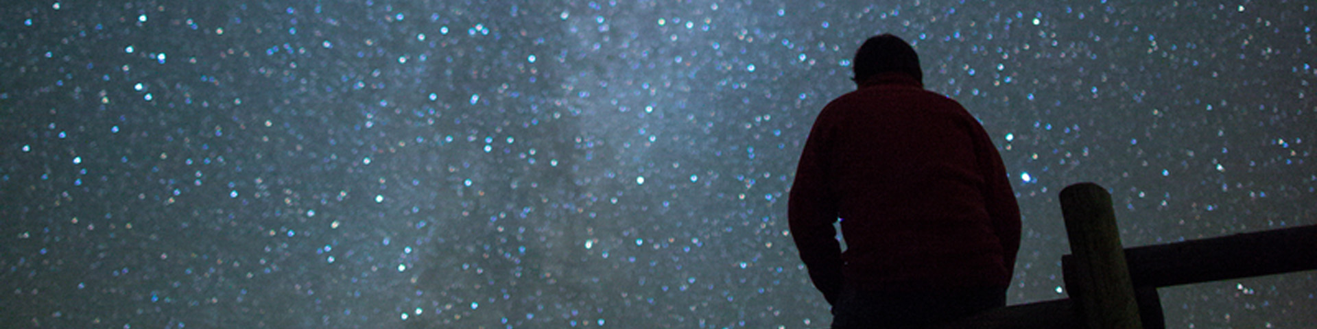 A person sitting on a fence, looking at a starry sky.