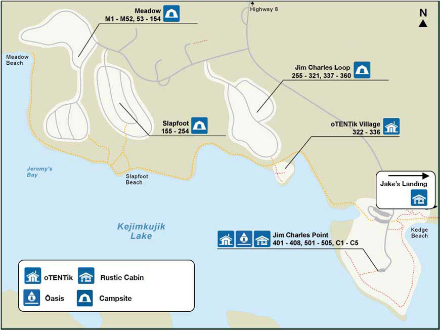 Map showing the location of roofed accommodations at Jeremy's Bay campground.