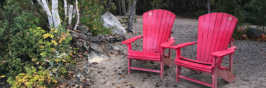 Red chairs in the forest