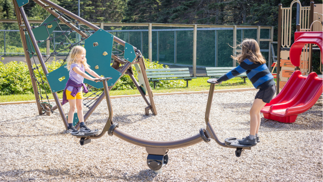 Vue aérienne d'une aire de jeux avec des enfants qui s'amusent. 