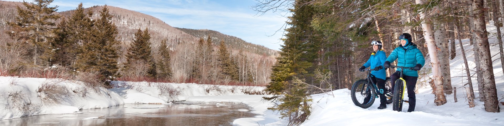 Deux amateurs de vélo sur neige contemplent une rivière. 