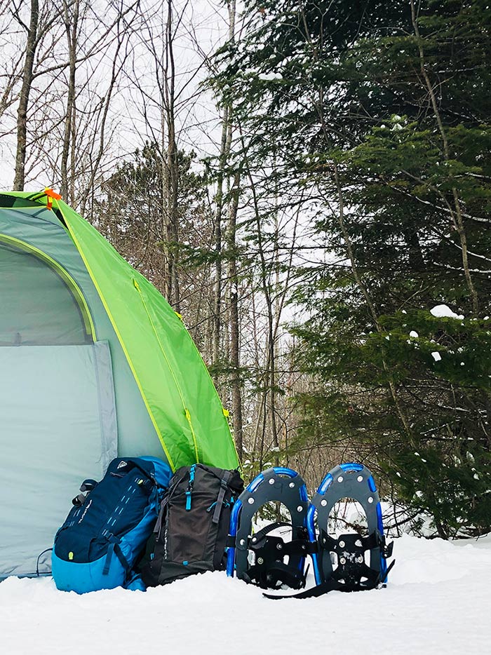 In a wintry setting, at the front of a large green tent, are two backpacks. One is blue, the other black. Next to the bags is a pair of blue and black snowshoes stuck in the snow. In the background, there are leafless trees on the left and conifers on the right under a cloudy sky.