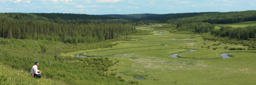 A Parks Canada employee kneels in the grass overlooking the winding Sturgeon River valley. 